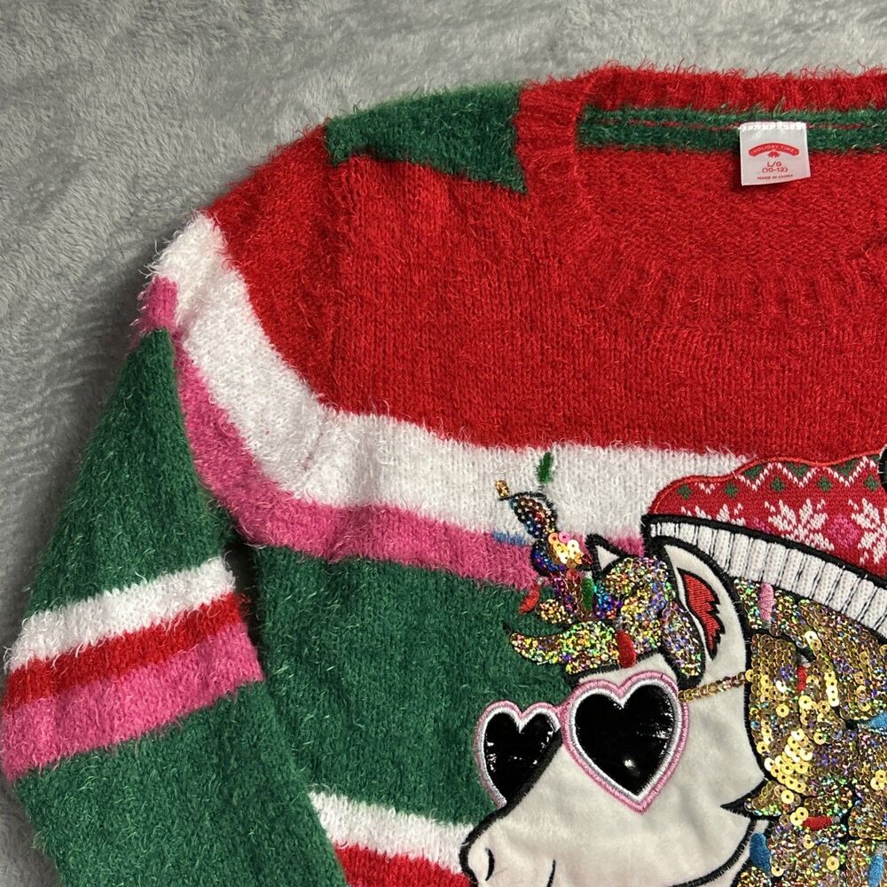Holiday Time Girls Ugly Christmas Sweater Unicorn Sz. 10-12 Large Red/Green - Picture 2 of 12